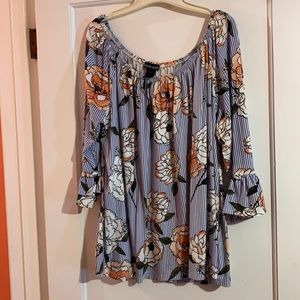 Floral and Vertical Strips Soft Blouse